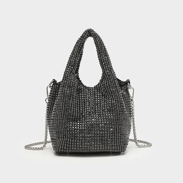 Small all-over rhinestone crystal bucket bag with twin handles and detachable chain shoulder strap, detail view 7