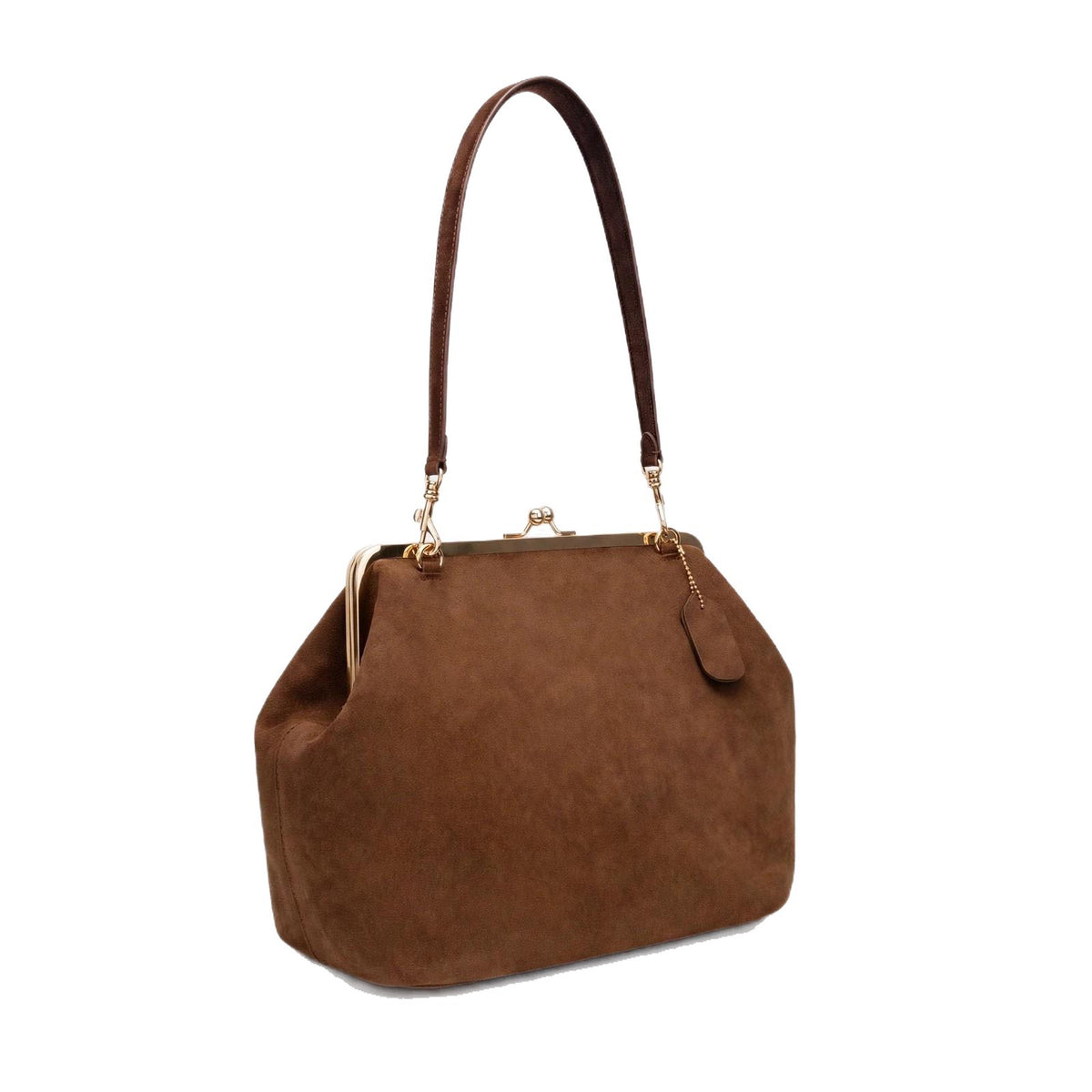 Large matte suede-look kiss-lock frame handbag with gold-tone hardware and detachable shoulder strap, detail view 5