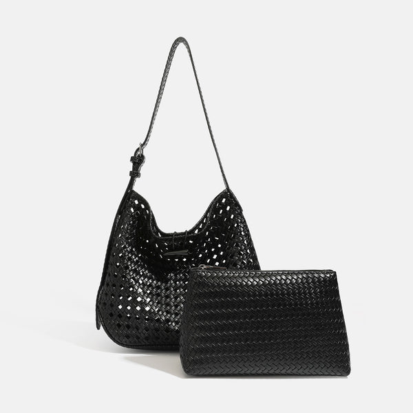 Brown open-lattice woven leather-look hobo shoulder bag with braided strap and matching zip pouch, detail view 8