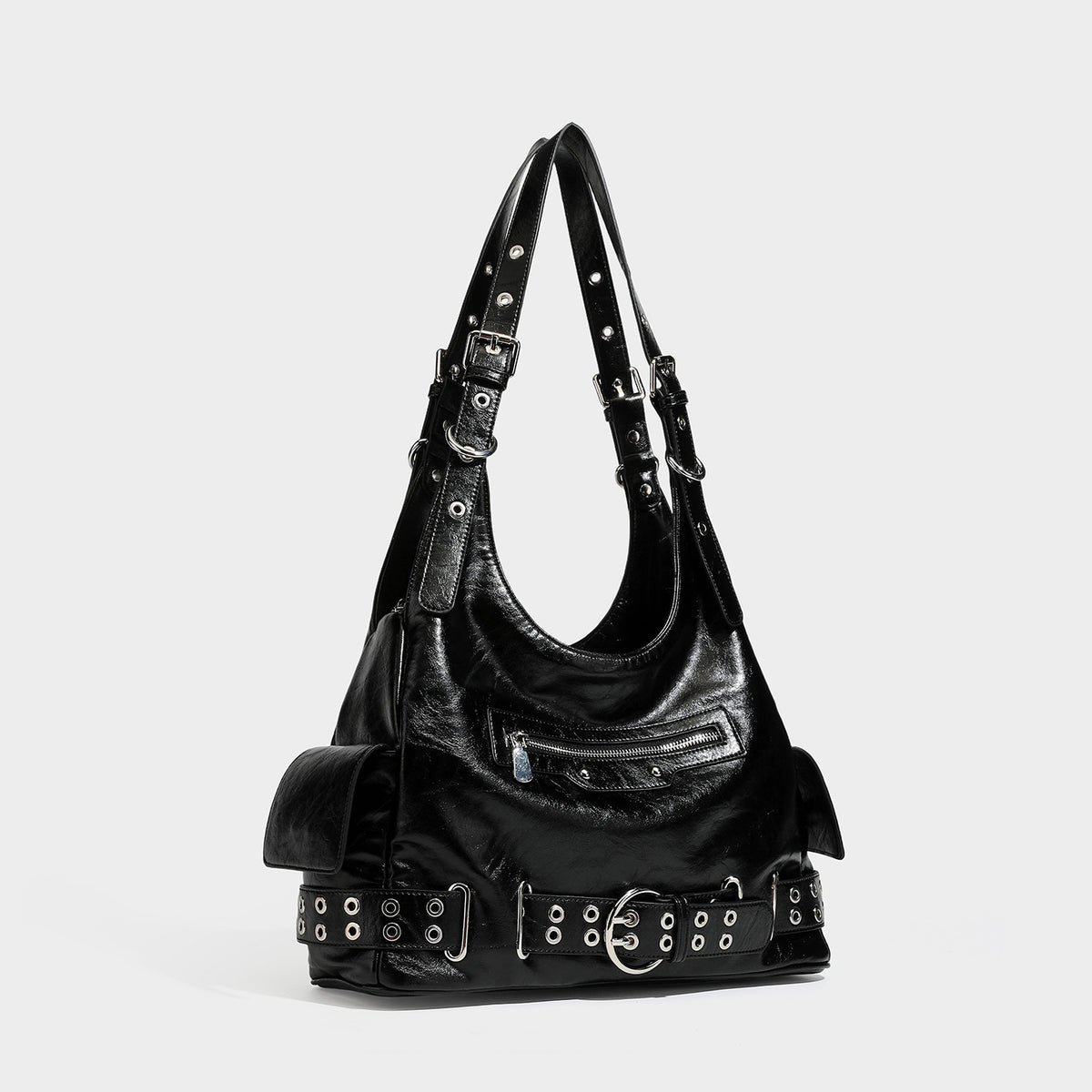 Large glossy black hobo shoulder bag with silver-tone grommet belt base, buckle hardware, front zip pocket, and dual, front