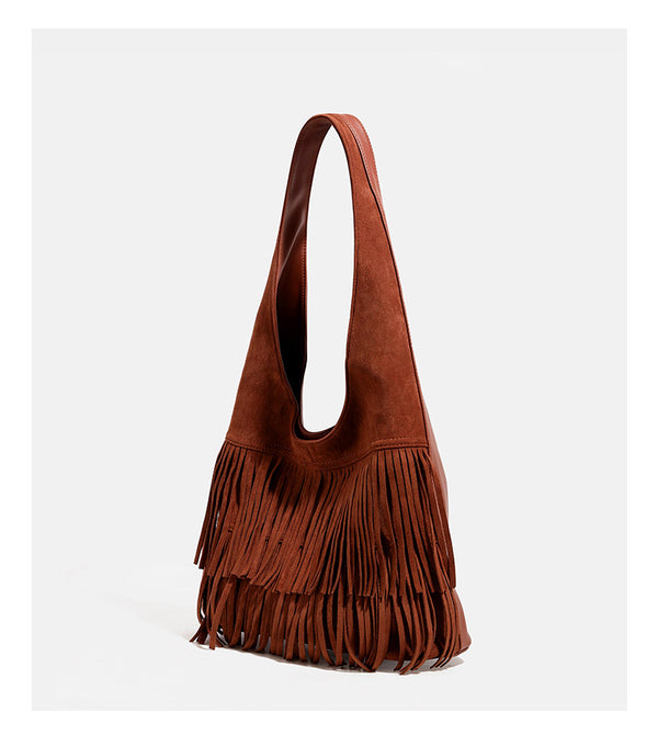 Cognac brown suede-look hobo shoulder bag with layered fringe trim and single loop strap, detail view 9
