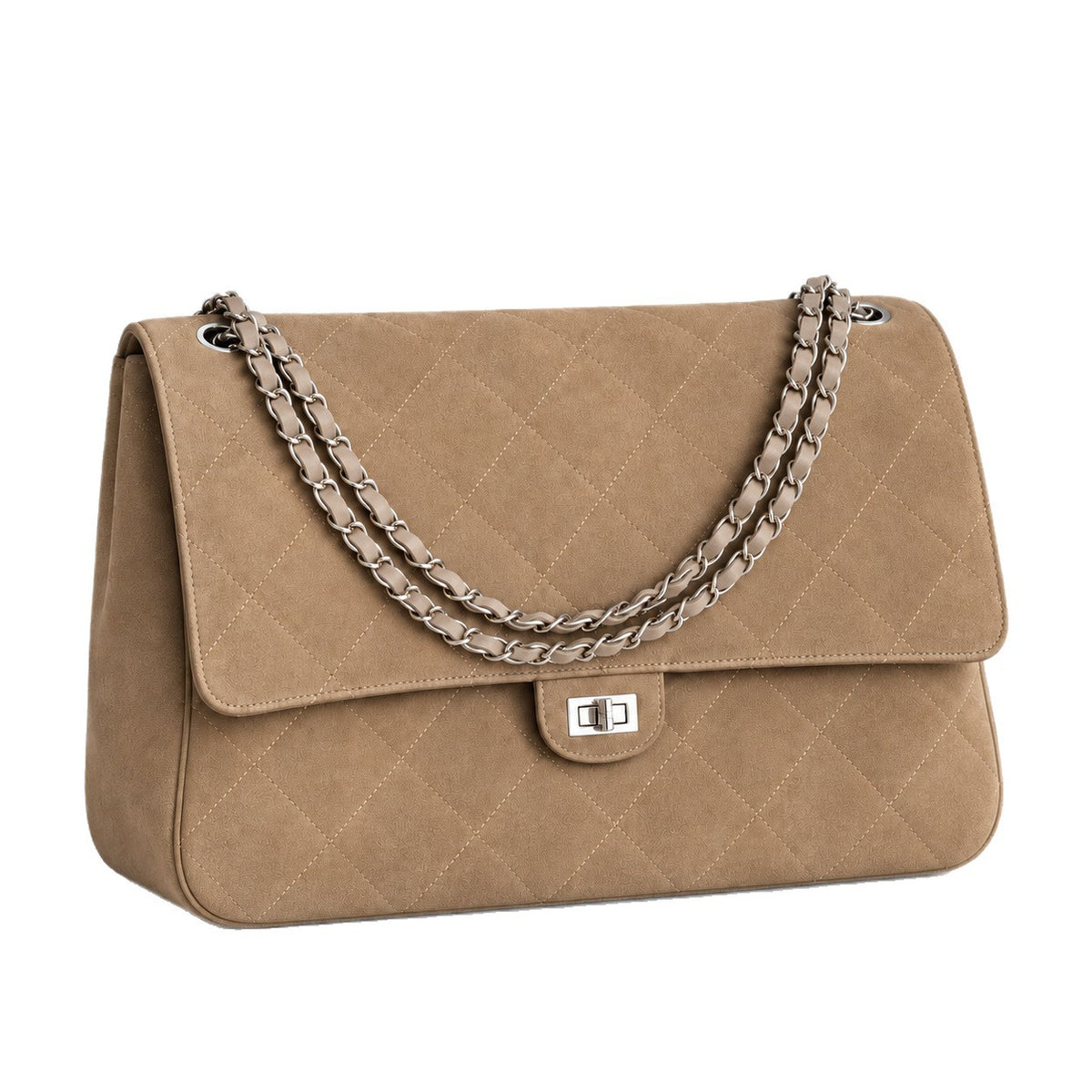 Quilted diamond-stitch flap shoulder bag with double silver chain strap and turn-lock closure in suede-look finish, detail