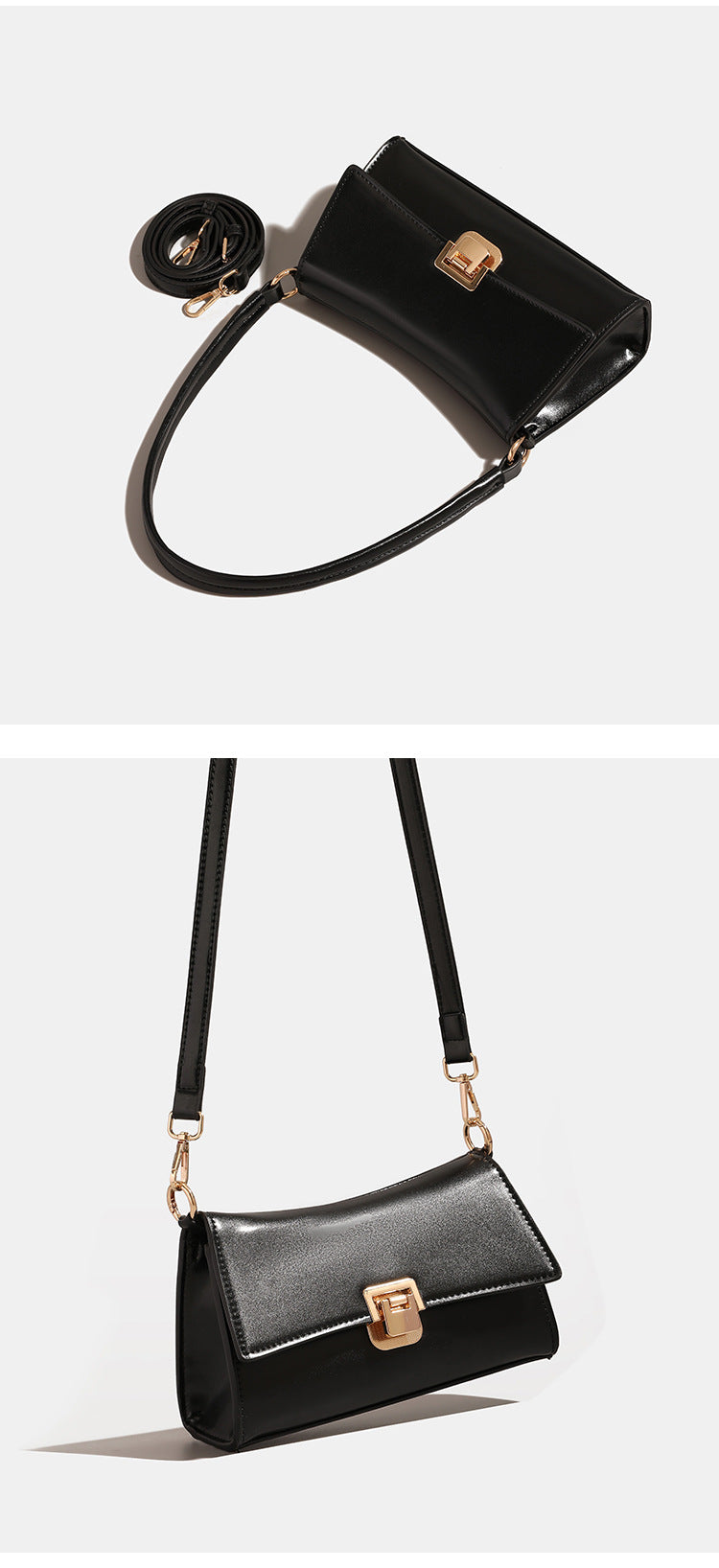 Compact structured flap shoulder bag with gold-tone turn-lock closure and adjustable strap, detail view 11