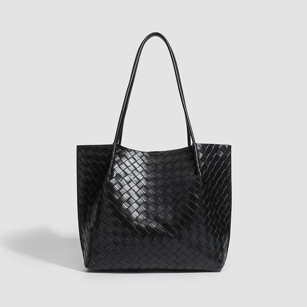 Large black woven leather-look tote bag with twin shoulder straps and matching inner pouch, front view