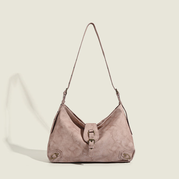 Slouchy distressed leather-look hobo bag with antique brass buckle closure and adjustable shoulder strap, front view