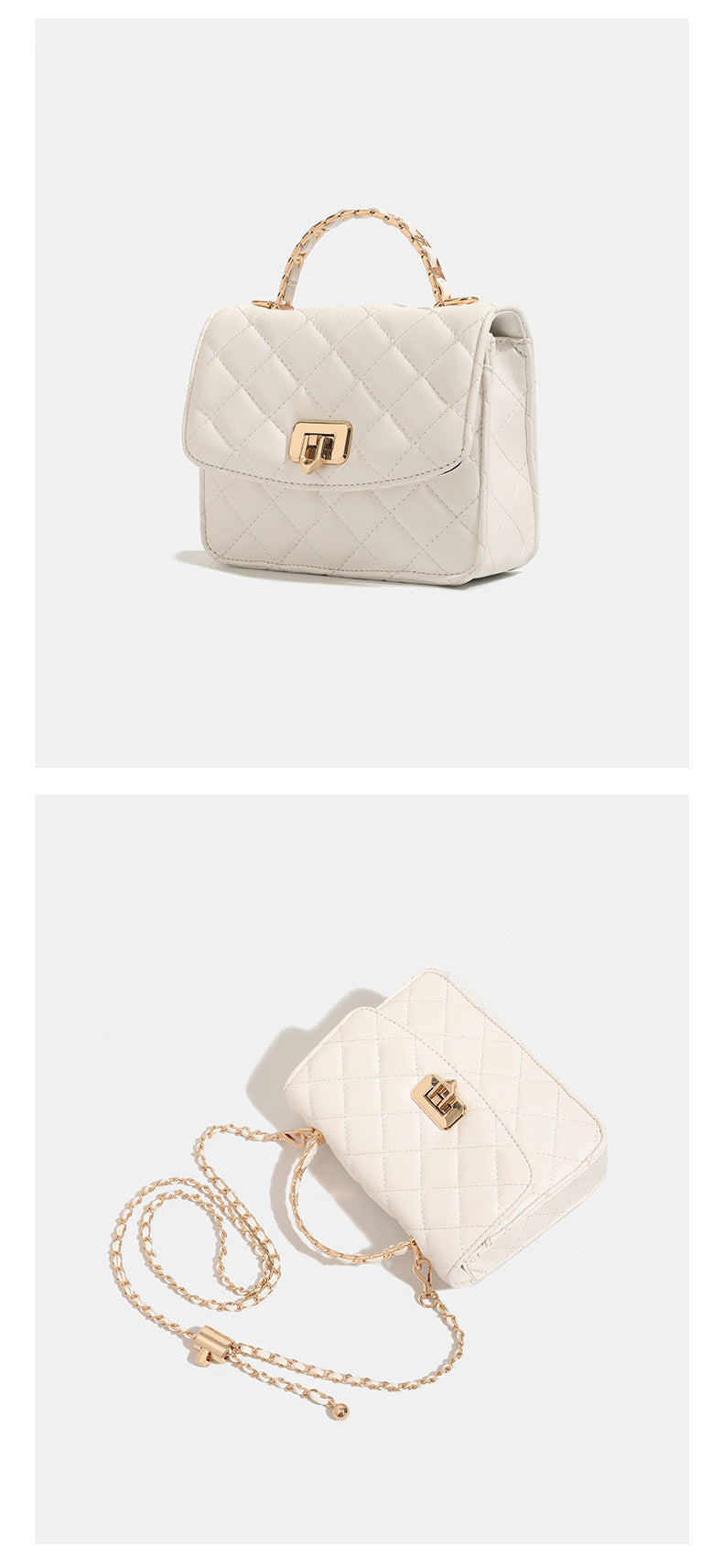 Small structured quilted flap crossbody bag with gold-tone turn-lock closure and chain strap, detail view 11