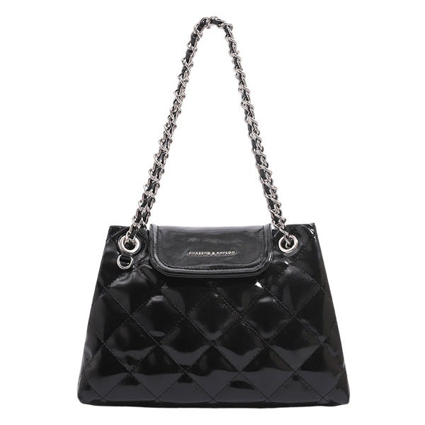 Structured diamond-quilted glossy black shoulder tote bag with interwoven silver chain strap and front flap snap pocket