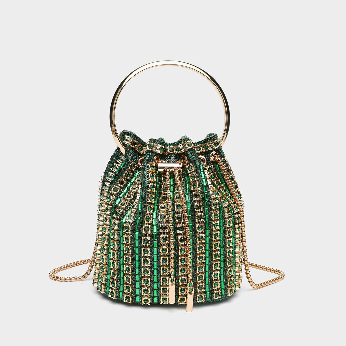 Mini crystal rhinestone bucket bag with circular ring top handle, drawstring closure, and silver chain shoulder strap, detail