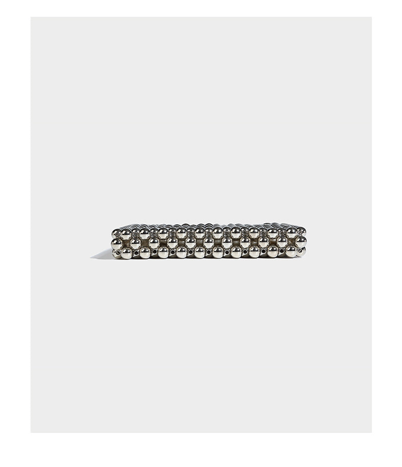 Small silver metallic beaded mini bag with braided rhinestone top handle and detachable chain crossbody strap, detail view 11
