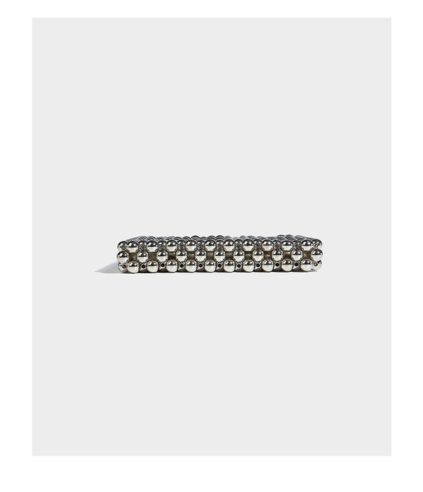 Small silver metallic beaded mini bag with braided rhinestone top handle and detachable chain crossbody strap, detail view 11