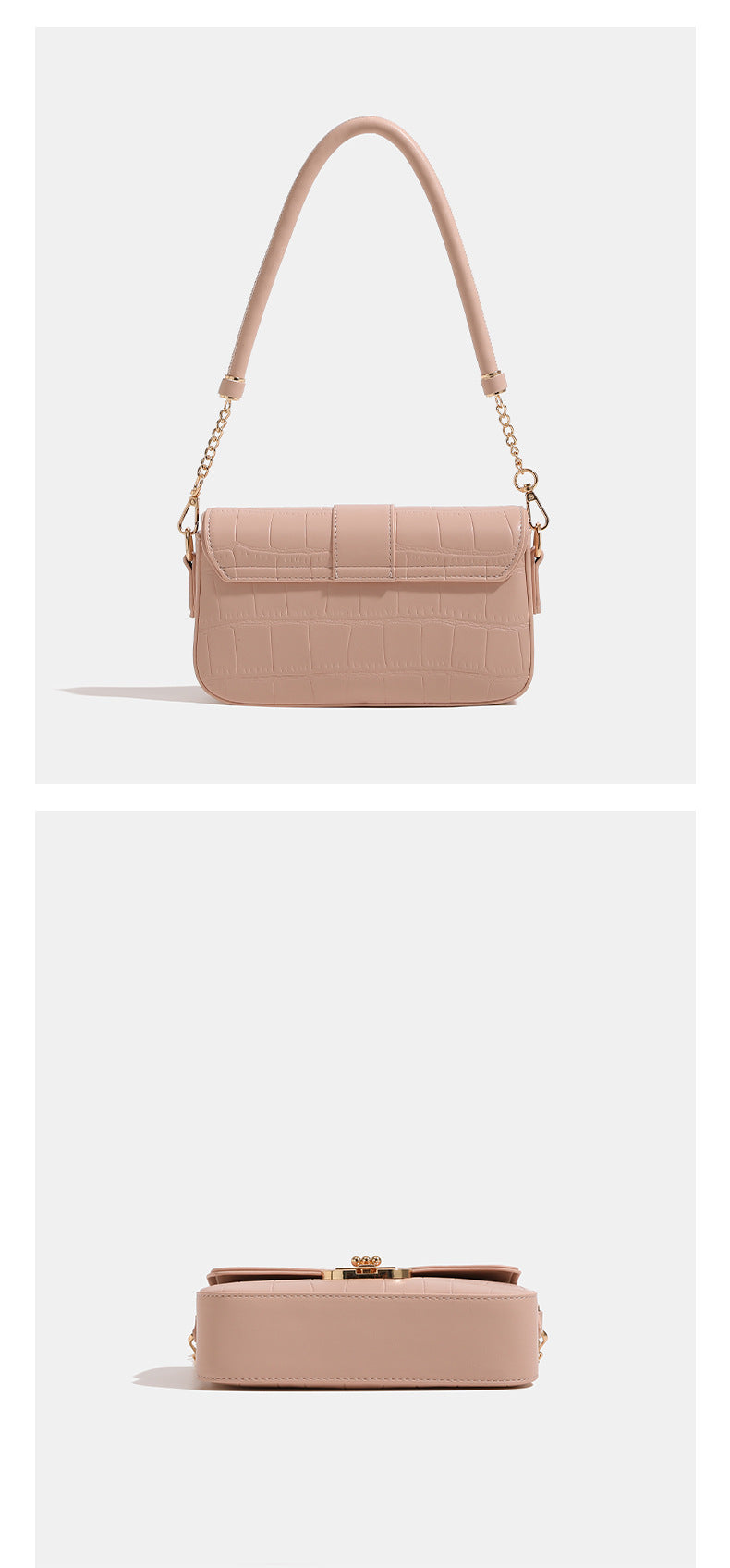 Small structured crocodile-embossed flap shoulder bag with circular gold turn-lock closure and chain-accent strap, detail