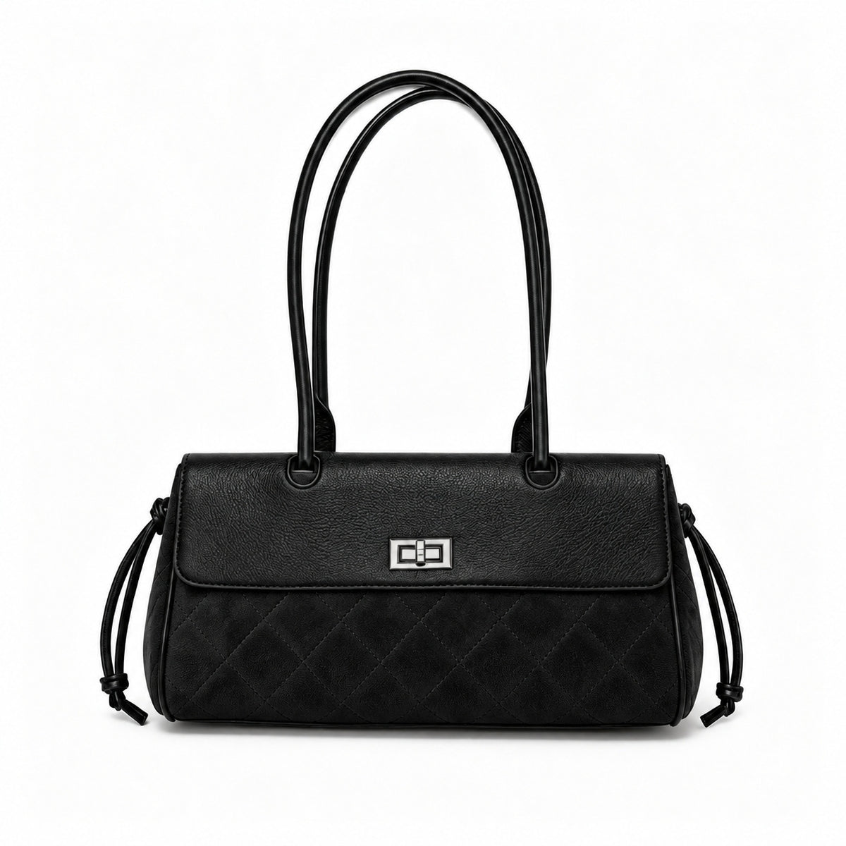 Compact two-tone quilted shoulder bag with black leather-look flap, silver turn-lock clasp, diamond-quilted body, side