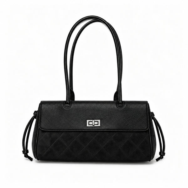 Compact two-tone quilted shoulder bag with black leather-look flap, silver turn-lock clasp, diamond-quilted body, side