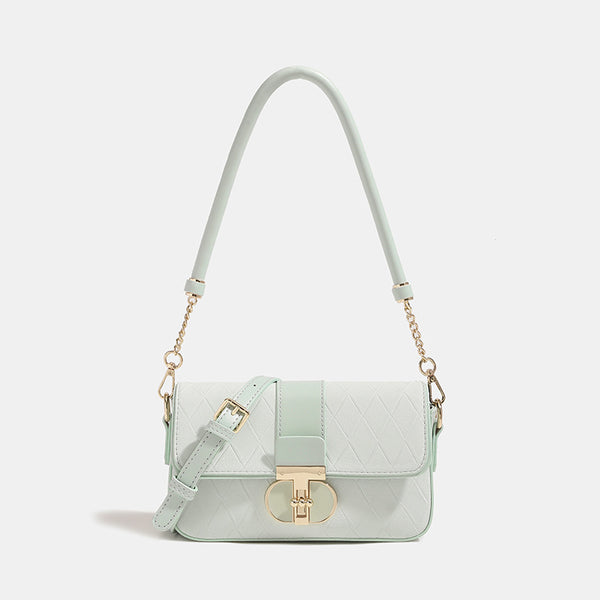Compact rectangular quilted flap crossbody bag with gold-tone turn-lock closure and chain strap, detail view 4