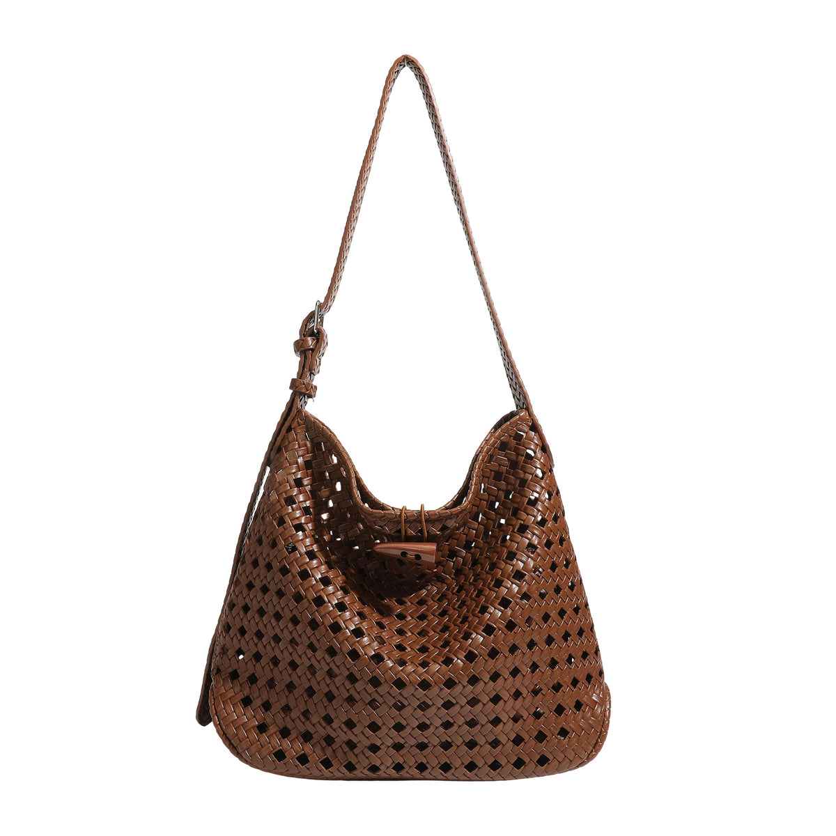Brown open-lattice woven leather-look hobo shoulder bag with braided strap and matching zip pouch, detail view 5