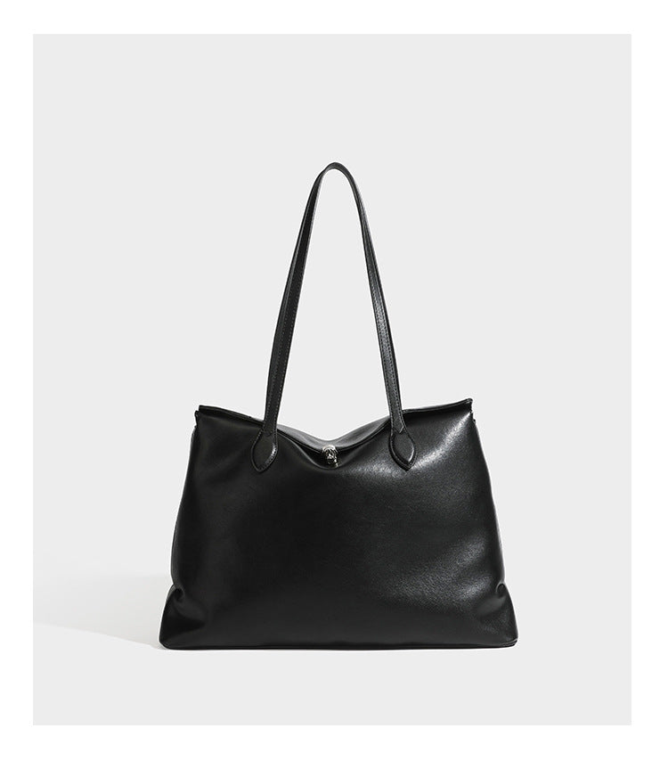 Large leather-look tote shoulder bag with slim double straps and silver-tone turn-lock closure, detail view 17