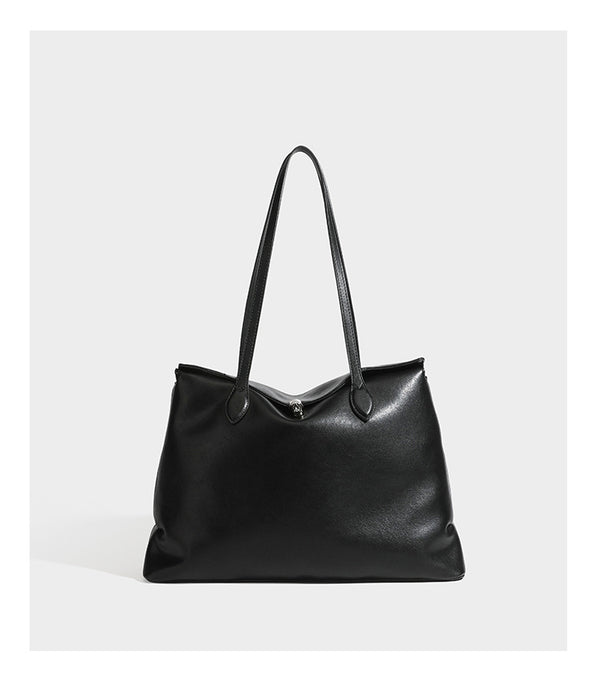 Large leather-look tote shoulder bag with slim double straps and silver-tone turn-lock closure, detail view 17