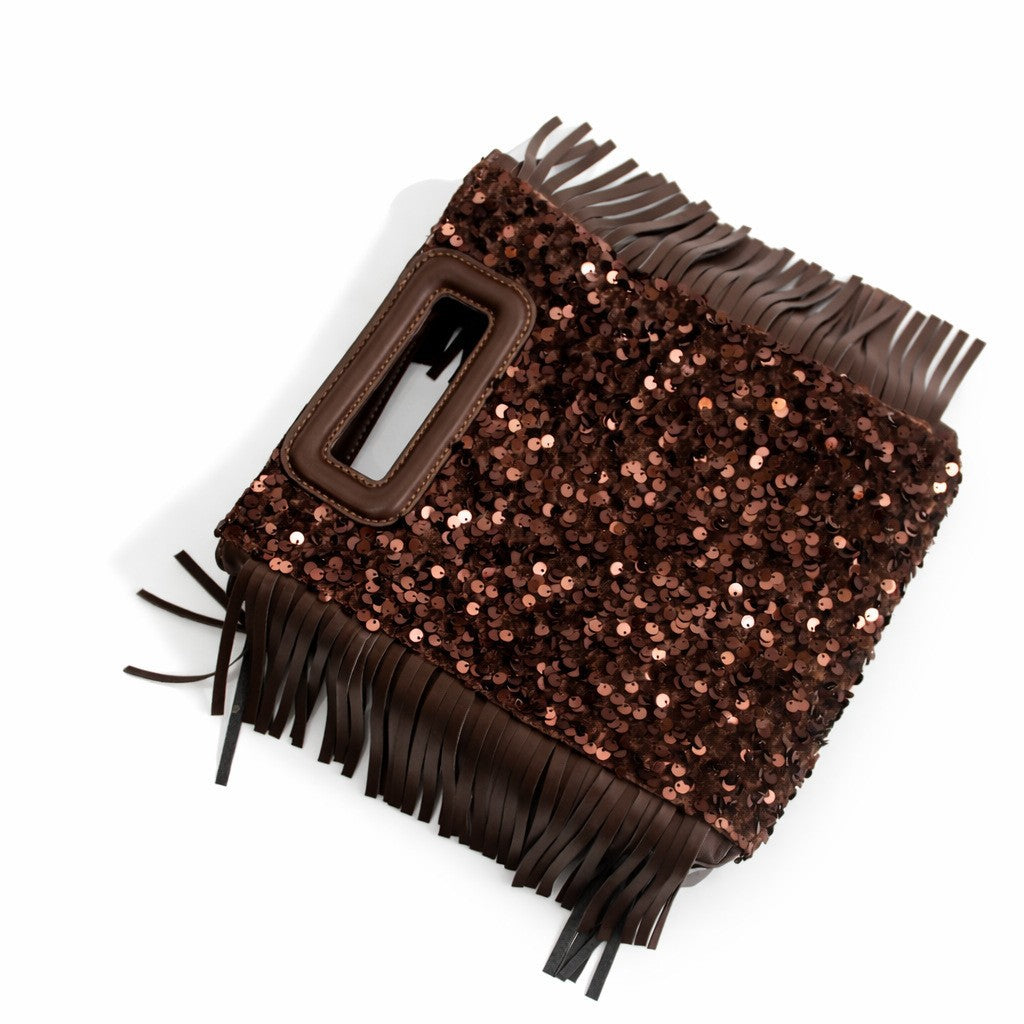 Small structured dark brown sequin handbag with leather-look fringe side trim and top cutout handle, detail view 3