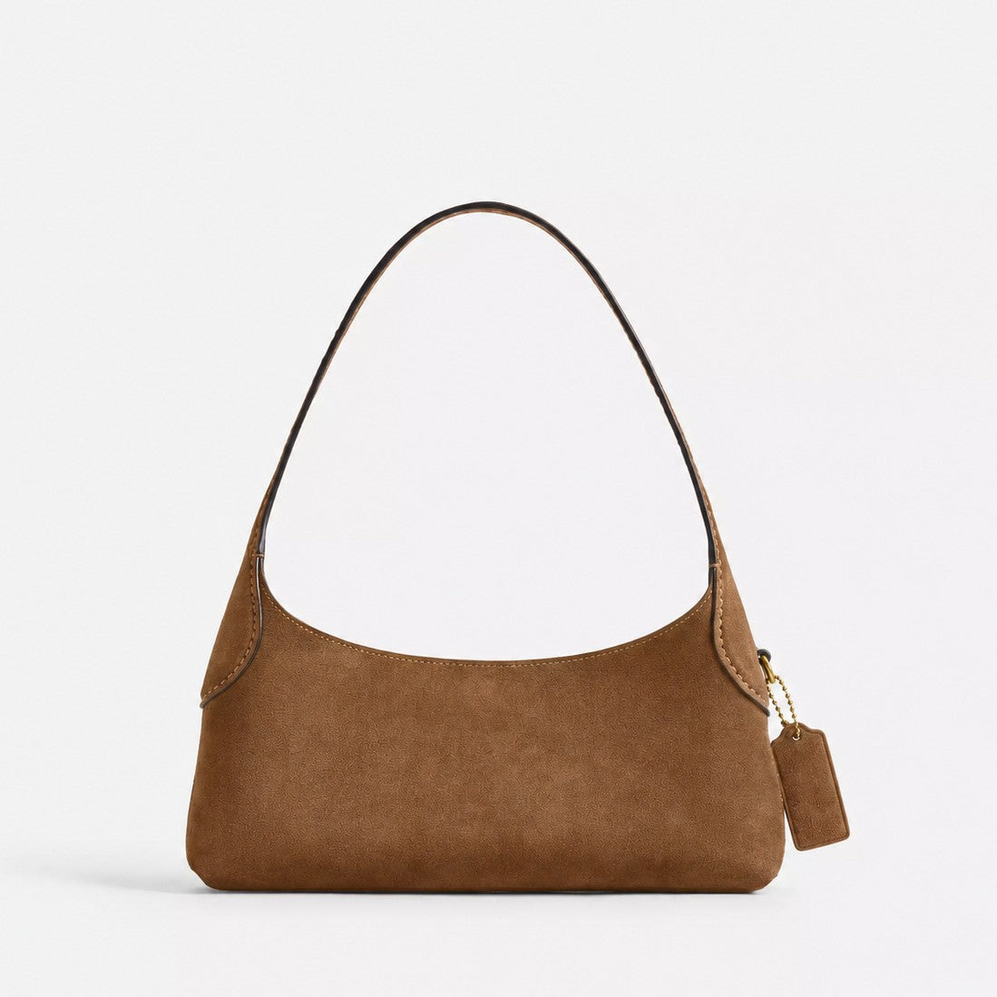 Slim crescent-silhouette shoulder bag in chocolate brown suede-look finish with contrast topstitching, top zip closure, thin