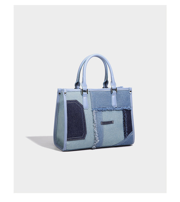 Structured patchwork denim tote bag with frayed panel seams, dual top handles, and silver-tone hardware, detail view 8