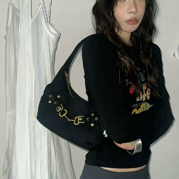 Matte suede-finish half-moon shoulder bag with gold horsebit bar hardware and dome studs, detail view 2
