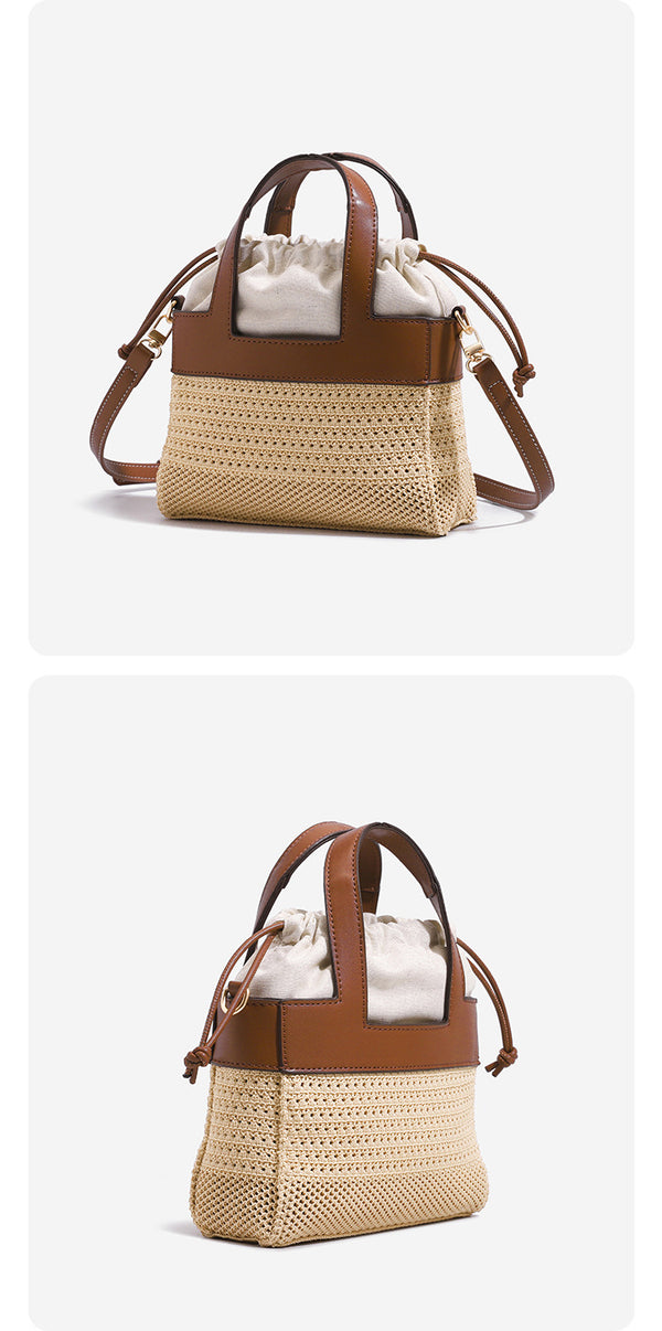 Small woven open-weave bucket bag with brown leather-look trim, cream gathered drawstring lining, dual top handles, and
