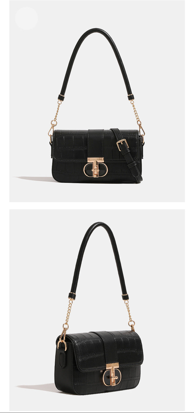 Small structured crocodile-embossed flap shoulder bag with circular gold turn-lock closure and chain-accent strap, detail