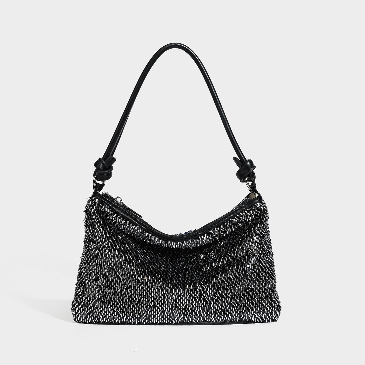 Small sequin hobo shoulder bag with knotted strap and zip closure, detail view 4