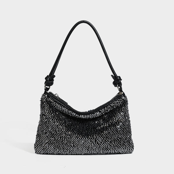 Small sequin hobo shoulder bag with knotted strap and zip closure, detail view 4