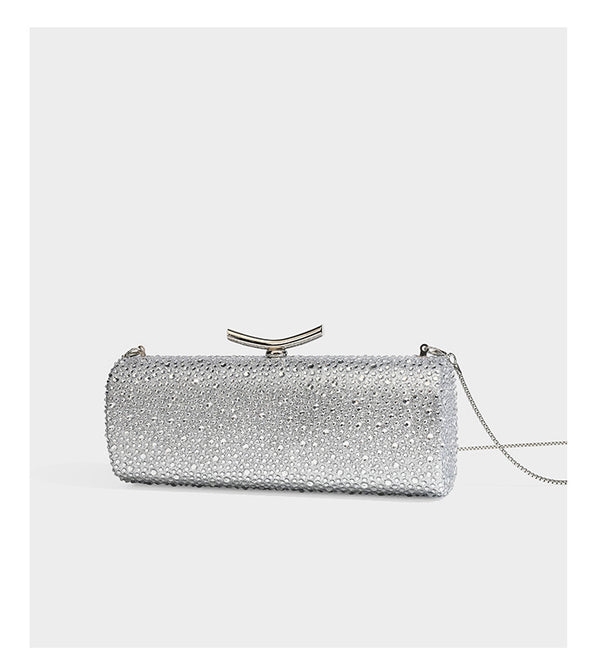 Structured rectangular hard-case clutch bag covered in all-over rhinestone crystal embellishment with curved kiss-lock top