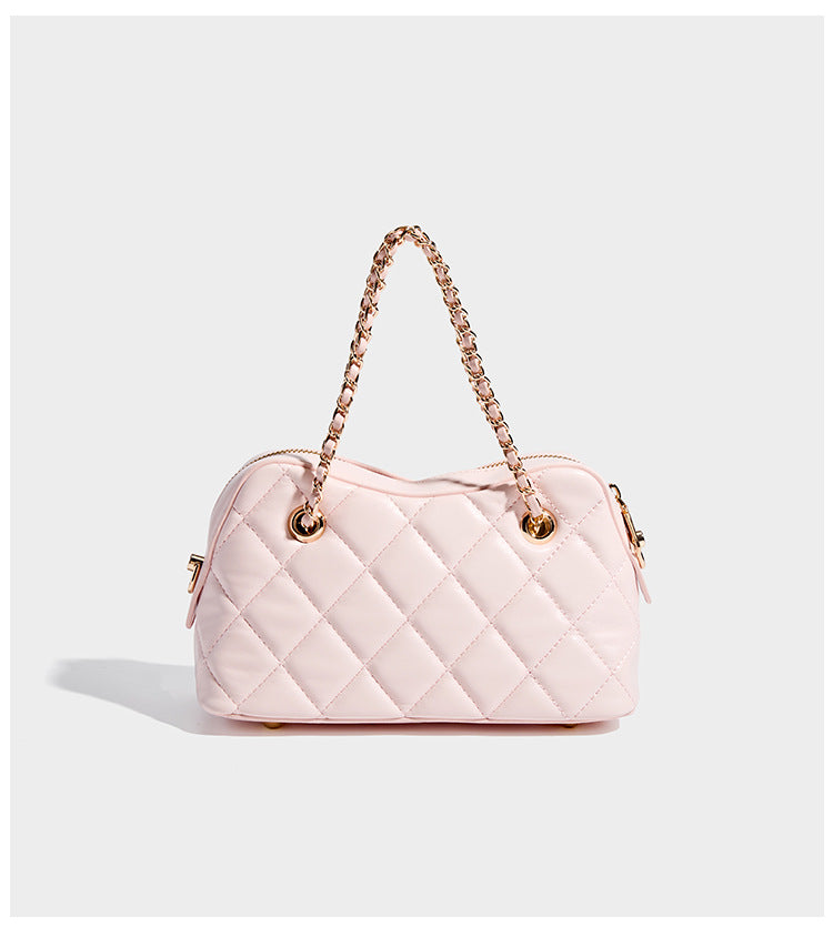 Diamond-quilted mini shoulder bag with gold-tone chain strap and top zip closure, detail view 10