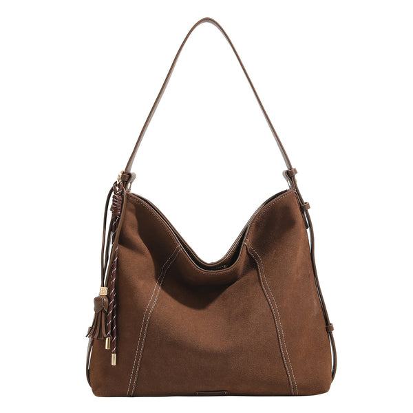Slouchy suede-finish hobo shoulder bag in warm mocha brown with contrast stitching, braided tassel side accent, and, detail