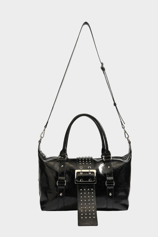 Glossy crinkled barrel handbag with silver stud buckle strap and detachable shoulder strap, detail view 40