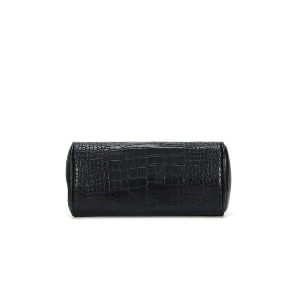 Croc-embossed structured trapezoid satchel with silver turn-lock hardware, rounded top handles, and detachable shoulder