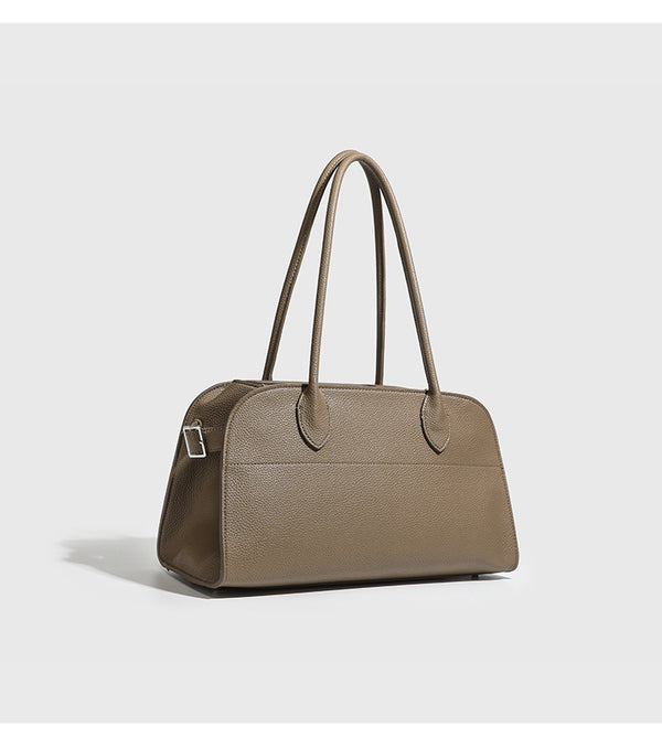 Large structured pebbled leather-look tote bag with double top handles and silver-tone hardware, detail view 13