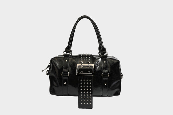 Glossy crinkled barrel handbag with silver stud buckle strap and detachable shoulder strap, detail view 41
