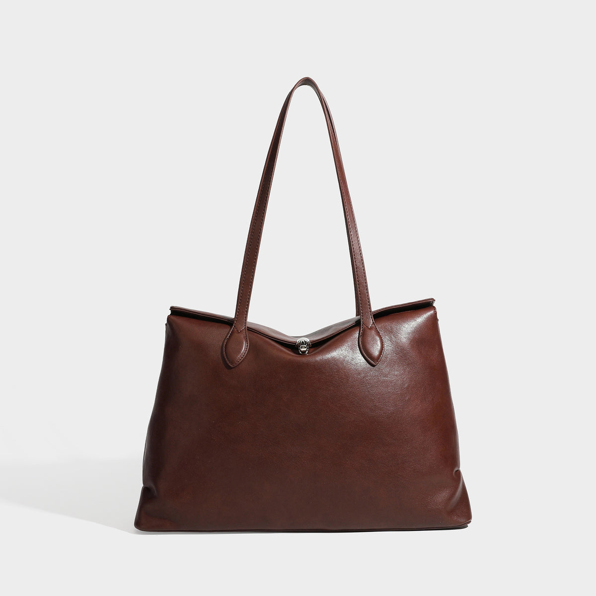 Large leather-look tote shoulder bag with slim double straps and silver-tone turn-lock closure, detail view 43