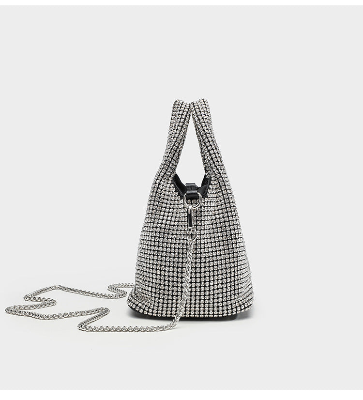 Small all-over rhinestone crystal bucket bag with twin handles and detachable chain shoulder strap, detail view 19