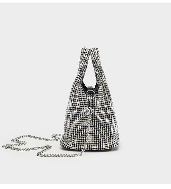 Small all-over rhinestone crystal bucket bag with twin handles and detachable chain shoulder strap, detail view 19