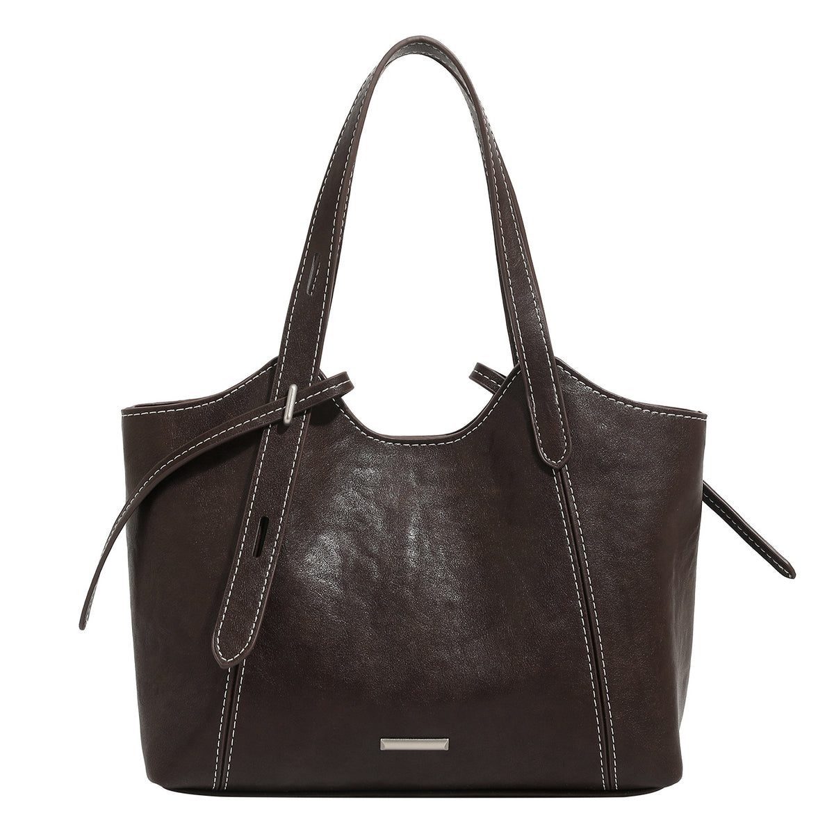 Strukturierte Tote-Bag aus Used-Lederimitat mit kontrastierenden Ziernähten, seitlichem Bindebanddetail, zwei Tragegriffen oben und abnehmbarem