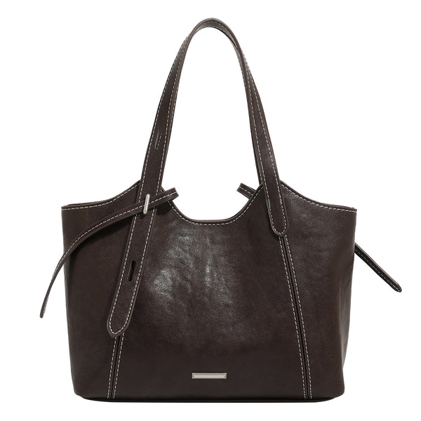 Strukturierte Tote-Bag aus Used-Lederimitat mit kontrastierenden Ziernähten, seitlichem Bindebanddetail, zwei Tragegriffen oben und abnehmbarem