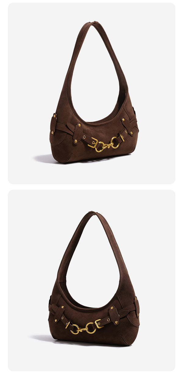 Sichelförmige Hobo-Schultertasche mit Ring- und Schnallendetails in Goldoptik, Detailansicht 10