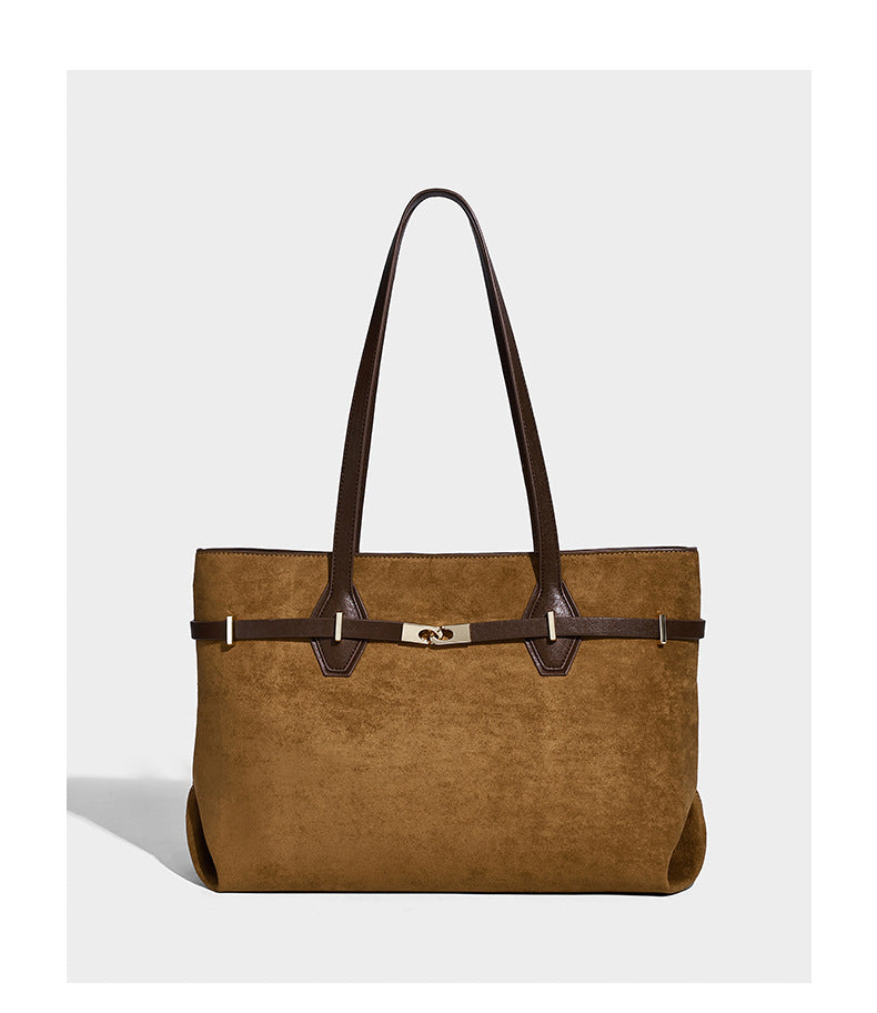 Structured suede-look shopper tote with wraparound belt strap and gold turn-lock clasp, long dark brown shoulder handles