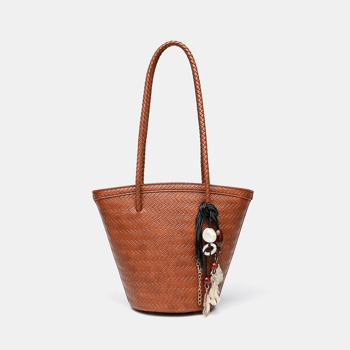 Woven herringbone-texture bucket bag with braided rope shoulder strap in dark brown, detail view 8