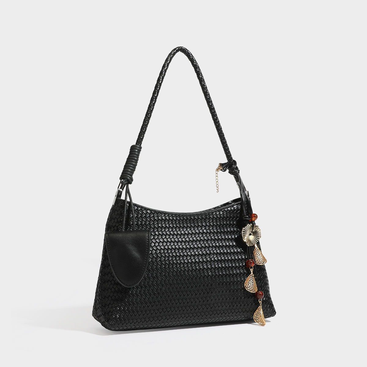 Woven-texture hobo shoulder bag in brown with braided top handle, adjustable crossbody strap, front flap pocket, and, detail