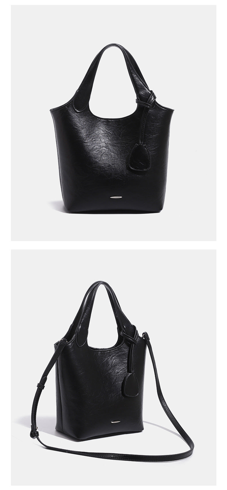 Soft glossy leather-look bucket tote bag with twin handles and detachable crossbody strap, detail view 9