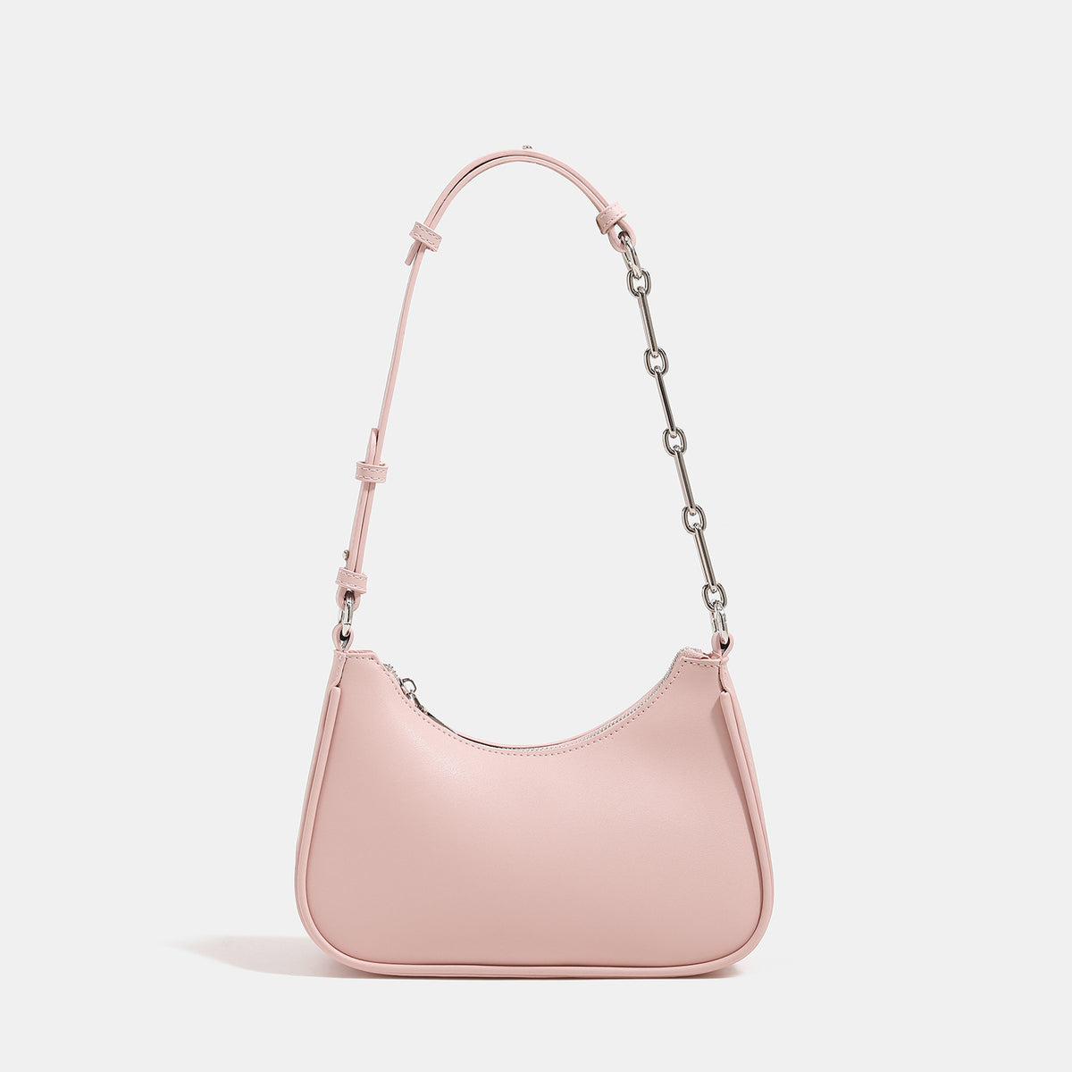 Compact crescent half-moon shoulder bag with chain-and-leather adjustable strap and silver-tone hardware, detail view 8