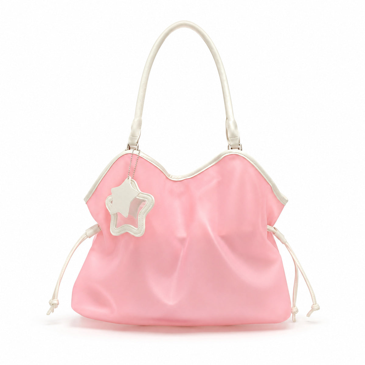 Glossy mint jelly-look tote bag with white leather-look trim, scalloped top edge, silver star mirror charm on ball chain