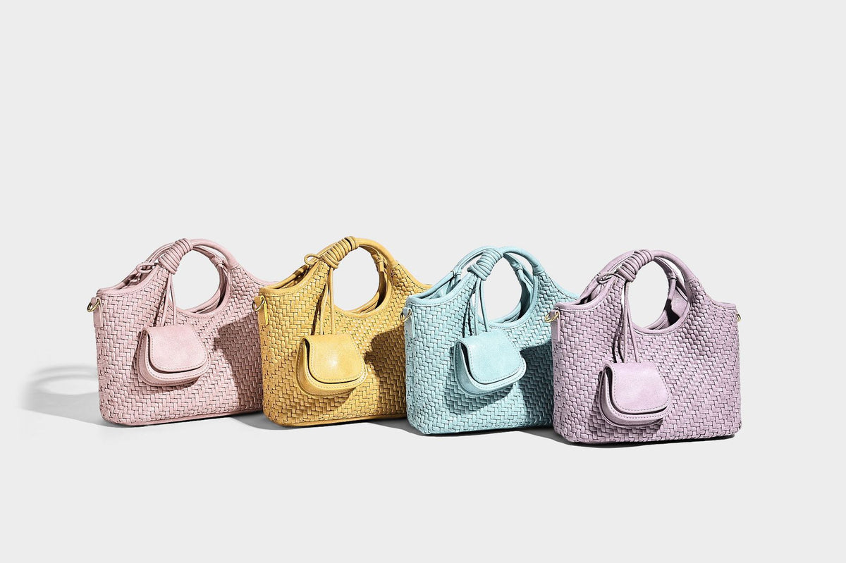 Woven texture tote bag with knotted top handles, attached front mini pouch, and gold-tone hardware, detail view 15