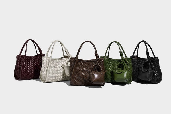 Woven texture open-top tote bag with smooth trim top handles and attached mini drawstring pouch in dark brown, detail view 35